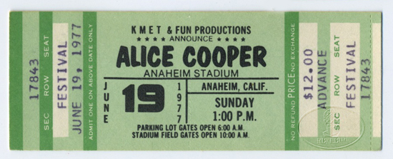 ALICE COOPER 1977 SILVER SCREEN UNUSED CONCERT TICKET