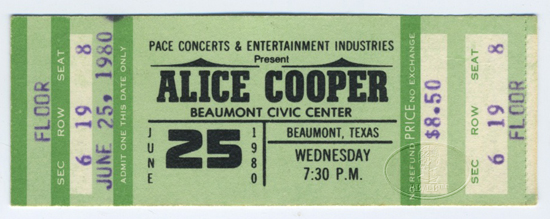 ALICE COOPER 1980 UNUSED CONCERT TICKET Beaumont Texas