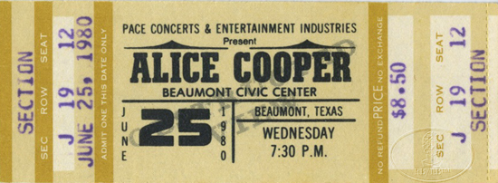 ALICE COOPER 1980 UNUSED CONCERT TICKET Beaumont
