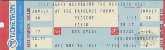 BOB DYLAN 1978 Unused Concert Ticket L.A. FORUM