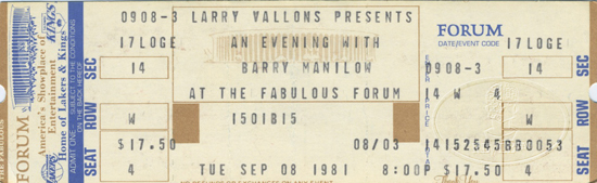 BARRY MANILOW 1981 UNUSED CONCERT TICKET