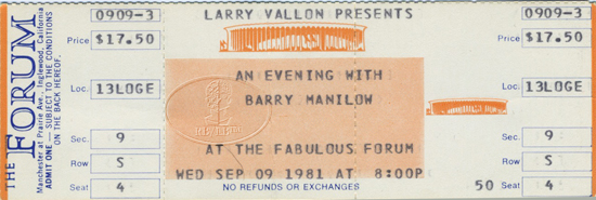BARRY MANILOW 1981 UNUSED CONCERT TICKET