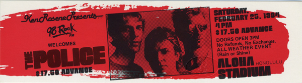 STEVIE RAY VAUGHAN POLICE 1984 Unused Ticket Honolulu