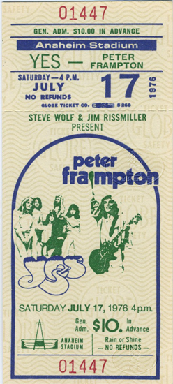YES 1976 Relayer U.S. Summer Tour Unused Concert Ticket PETER FRAMPTON