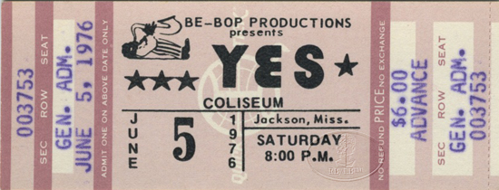 YES 1976 Relayer U.S. Summer Tour Unused Concert Ticket 6/5/76